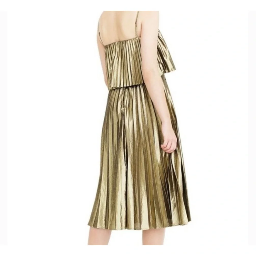 J. Crew Collection Goma Midi Dress Pleated Gold Lame Size‎ 0